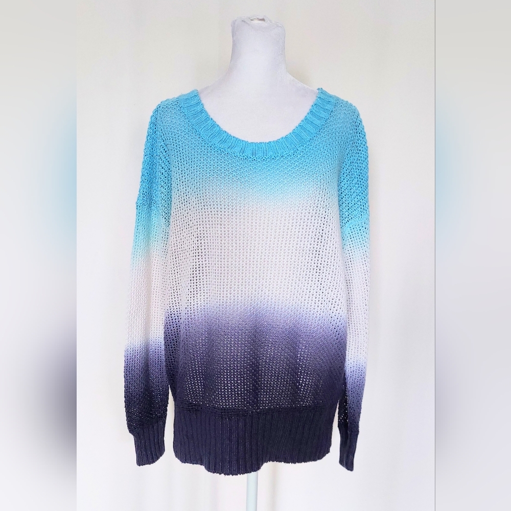 J. Crew Colorblock Dip Dye Open Knit Sweater Size Small Blue White 100% Linen